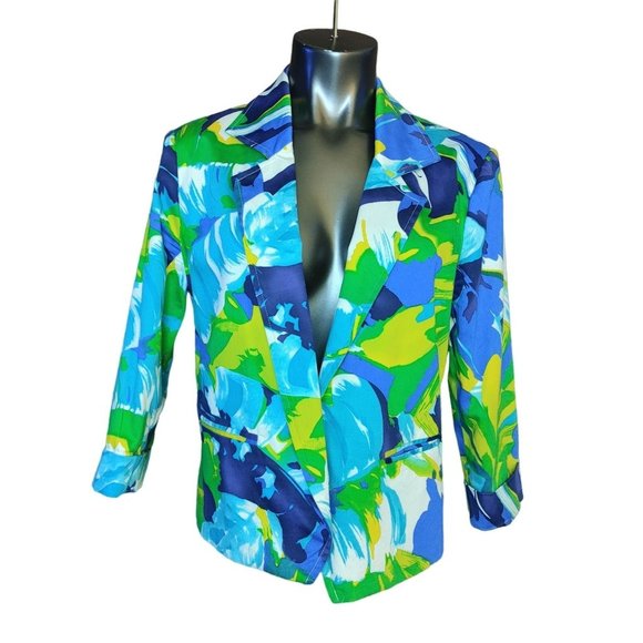 PATRICK CHRISTOPHER Womens L Blue Multicolor Topical Floral Lined Blazer Jacket - Picture 1 of 3